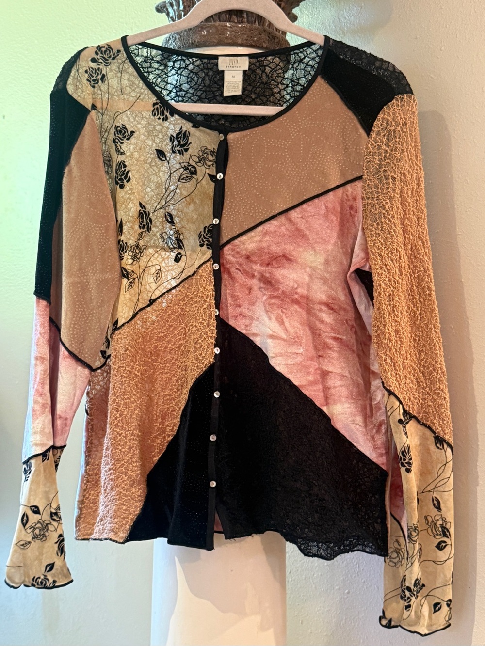 J. Jill Patchwork Button-Front Top in Pink, Black & Gold